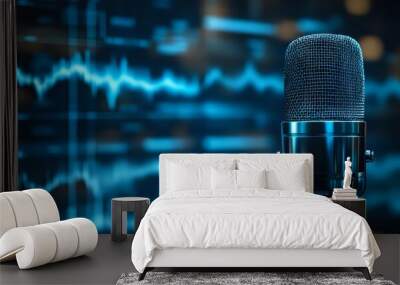 A close-up shot of a microphone with a blue blurred background showing audio waves. Wall mural