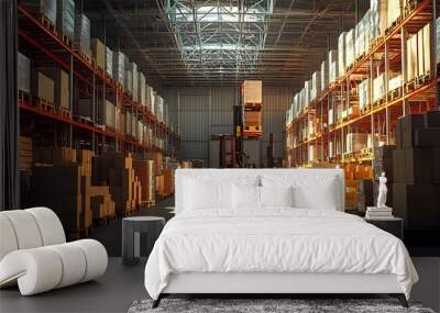 A forklift moves boxes through a large warehouse. Wall mural