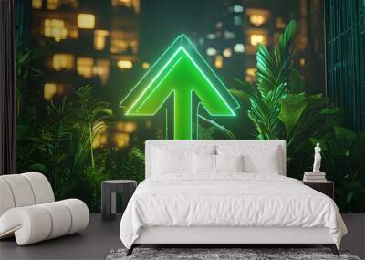 A glowing green neon arrow sign pointing upwards in a lush green jungle. Wall mural