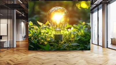 A Light Bulb Glowing in the Green Forest: Inspiration, Innovation, and Nature's Harmony Wall mural