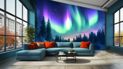 A majestic aurora borealis display illuminates the night sky above a snowy forest. Wall mural