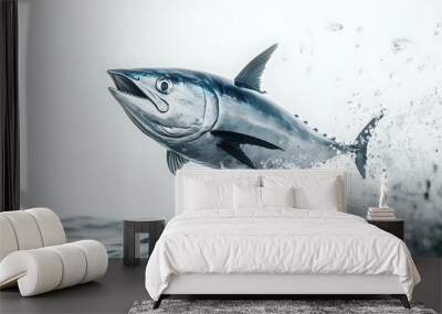 A tuna leaping out of the water, creating a spray of water droplets. Wall mural