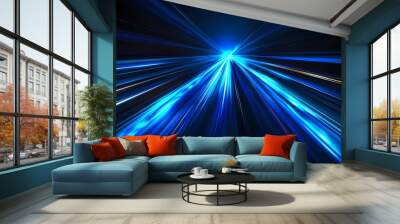 Abstract blue and black lines radiating outwards from a bright white center. Wall mural