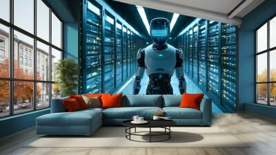 AI Robot in a Server Room: The Future of Data Management and Automation Wall mural