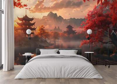 Ancient Chinese style architecture with a golden sunset in the background, featuring red maple trees and mountains by water Wall mural