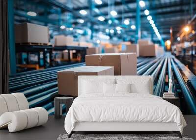 Boxes Moving on Conveyor Belt in a Warehouse Wall mural