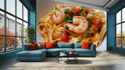 Close-up of a delicious plate of fettuccine pasta with shrimp and tomato sauce. Wall mural