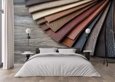 Close up of various shades of leather arranged on a wooden surface. Wall mural