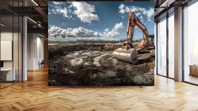 Excavator on a construction site digging a ditch, with a blue sky and white clouds in the background. Wall mural