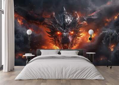 Fierce dragon head, glowing eyes and open mouth with sharp teeth surrounded by fire clouds Wall mural