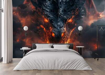 Fierce dragon head glowing eyes and open mouth Wall mural