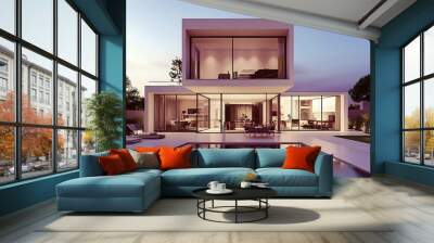 Modern home with a pool, lit by sunset. Wall mural