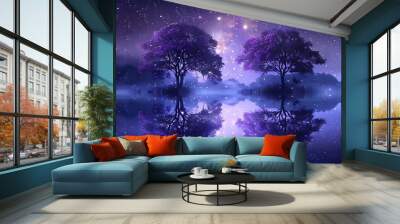 Two purple trees on the water, a starry sky, a fantasy landscape Wall mural