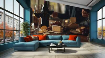 A cozy living room scene with friends tasting various wines and cheeses on a rustic board Wall mural