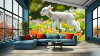 A cute white lamb leaping joyfully amidst vibrant spring flowers Wall mural