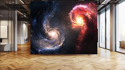 A stunning visual of two galaxies merging, showcasing vibrant colors and swirling stars Wall mural