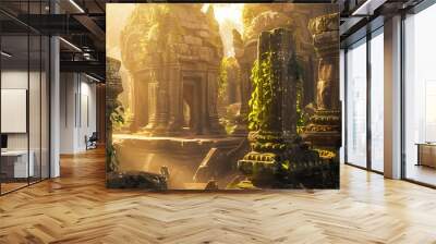 Ancient ruins bathed in golden sunlight with intricate stone carvings and lush greenery growing among the stones Wall mural