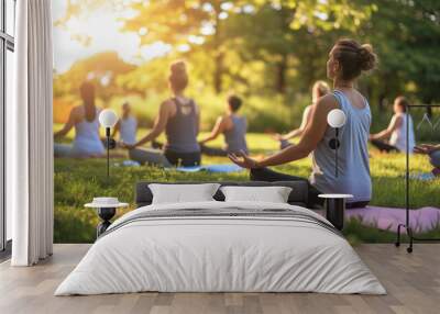 group of people practicing yoga in a serene outdoor setting Wall mural