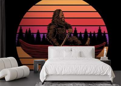 Bigfoot canoe sunset retro vector illustration Wall mural