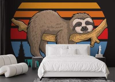 lazzy Sloth Retro sunset vector illustration Wall mural