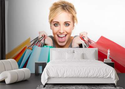 Excited Shopping Woman Smiling and Laughing Wall mural