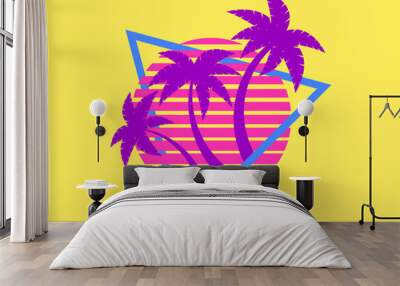 80s retro sci-fi palm trees on a sunset. Retro futuristic sun with palm trees in a triangular frame. Synthwave style. Design for advertising brochures, banners and posters. Vector illustration Wall mural