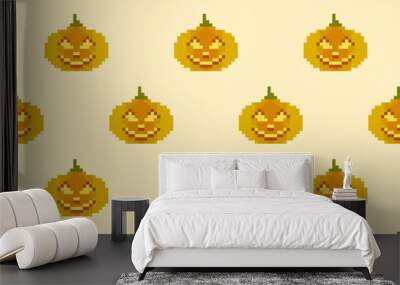 Halloween pumpkins in pixel art style seamless pattern. 8-bit retro graphic pixel pumpkins with carved scary faces. Jack-o-lantern design for wallpaper, banners, and posters. Vector illustration Wall mural