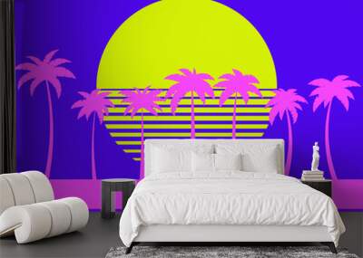 Landscape with pink palm trees against the backdrop of the sun. Summer time, tropical bright palm trees and sun. Design for print, banners and posters. Vector illustration Wall mural