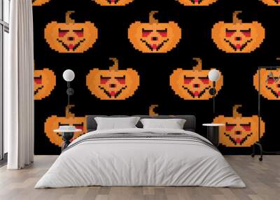 Pixelated pumpkins with carved faces for Halloween seamless pattern. 8 bit Halloween pumpkins in pixel art style. Design for printing on fabric, wrapping paper and decorations. Vector illustration Wall mural