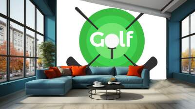 Round golf banner with text, clubs and ball. The word golf where o is a golf ball. Golf clubs criss-cross. Design for banners, posters and advertisements. Vector illustration Wall mural