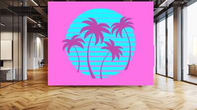 Silhouettes of palm trees at sunset in the style of the 80s. Retro futuristic sun with tropical palm trees in synthwave and retrowave style. Design for banners and posters. Vector illustration Wall mural