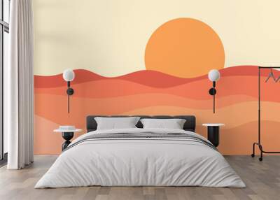 Wavy landscape in a minimalistic style. Sunset landscape with hills. Red sun. Boho decor for prints, posters and interior design. Mid Century modern decor. Trend style. Vector illustration Wall mural