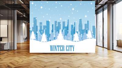 Winter city. Snow-covered metropolis with skyscrapers. Vector illustration. Wall mural