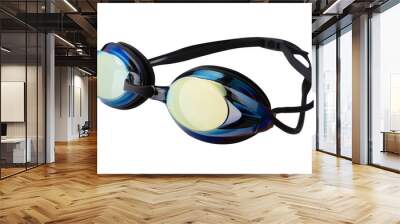 black swimming goggles with mirrored eyepieces and silicone strap, on a white background Wall mural