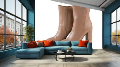 brown womens leather ankle boots with high heels, on white background, horizontal layout Wall mural