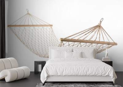 hammock mesh of white rope hanging on ropes, white background Wall mural