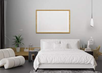 Horizontal frame mockup on the empty white wall with modern work desk interior. Wall mural