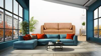 Modern living room interior with Leather sofa and empty white wall as a background. Wall mural