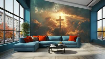  Holy cross on hill with dramatic sunrise background for Easter Christian resurrection of Jesus Christ. Wall mural