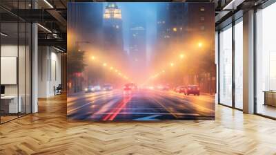 A dramatic foggy or misty road with colorful light from traffic cars through city in the morning sunrise.	
 Wall mural