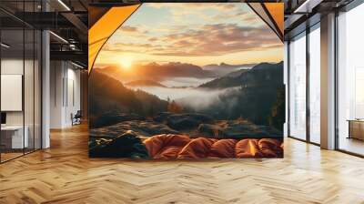 A traveler is relaxing with dramatic natural view in front of camping tent.  Wall mural