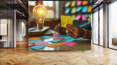 brainstorming teamwork business idea concept picture of glowing light bulb with blur teamwork meeting and sticky note at office background. Wall mural