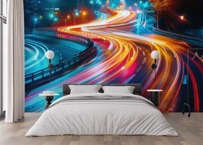 colorful long exposure background of motion blur moving light of traffic cars on a road. Wall mural