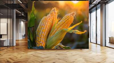 fresh corncob at organic corn field or maize field at agriculture farm in the morning sunrise Wall mural