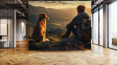 friendship concept picture of a man and his dog travel together at beautiful mountain range. Wall mural