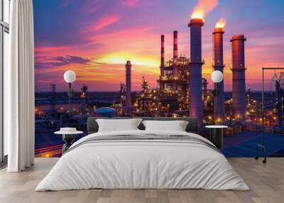 Gas turbine electrical power plant factory in dramatic twilight sunset. Wall mural