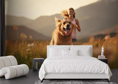 Golden retriever dog is running with the owner, a happy, smile woman happily in the morning sunrise.	 Wall mural