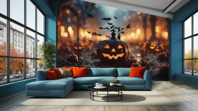 Halloween celebration background with pumpkin monster, light, and other decorations.  Wall mural