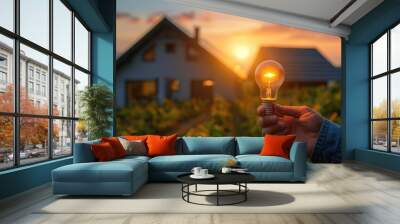 hand holding glowing light bulb with a house green power plant of solar panels on roof at background.	 Wall mural