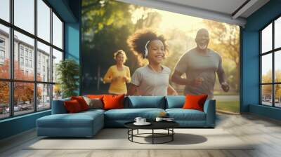 happy family jogging together in the morning sunrise Wall mural